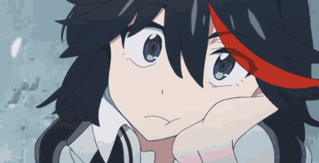 a close up of a anime character with blue eyes