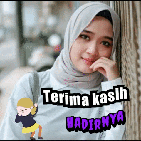 a woman wearing a hijab is leaning against a wall and says terima kasih hadirnya