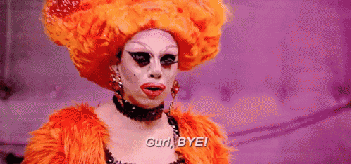 a drag queen is wearing an orange wig and a fur coat and says `` bye '' .