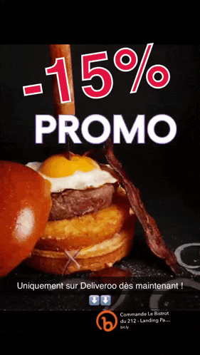 an advertisement for a -15 % promo shows a hamburger and bacon