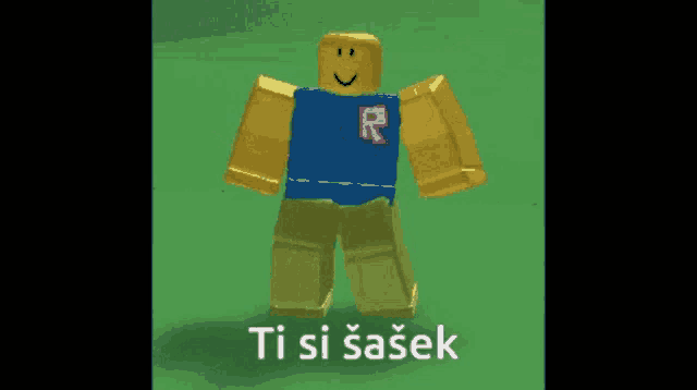 a roblox character wearing a blue shirt with the letter r on it is dancing on a green background