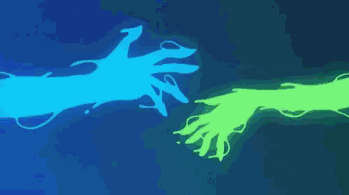 a blue liquid is dripping from a person 's hand against a black background