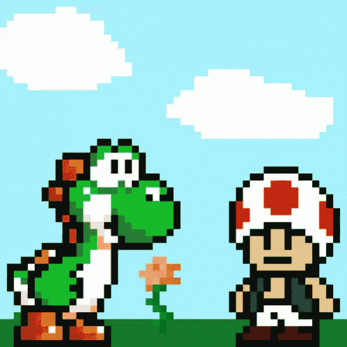 a pixel art of a yoshi and toad standing next to each other