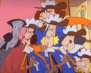 a group of cartoon characters are standing next to each other in a room