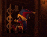 a cartoon character is getting out of an elevator with a hammer .