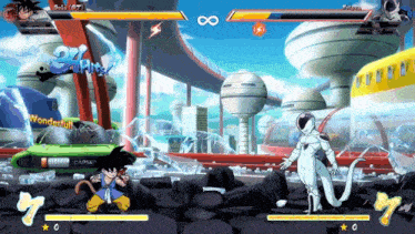 a screenshot of a video game with goku and frieza fighting