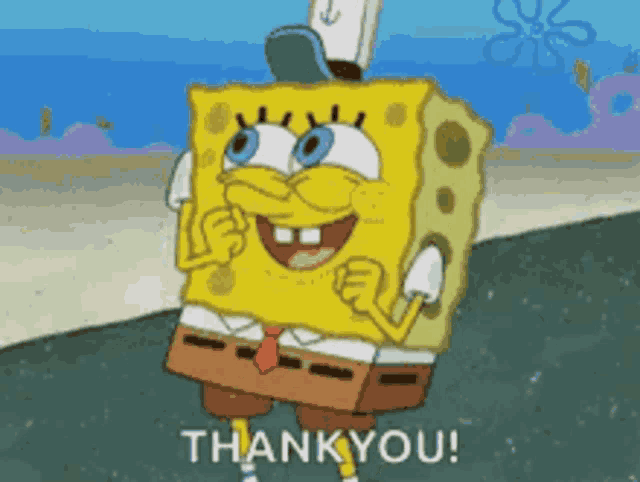 a cartoon of spongebob saying " thank you " on a beach