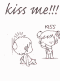 a drawing of a boy kneeling down and a girl holding a flower with the words kiss me written on it