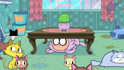 a bunch of cartoon cats are gathered around a table with kitty litter buckets stacked on top of it