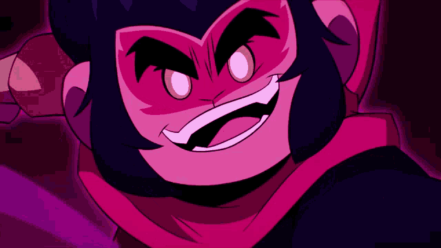 a close up of a cartoon character with a pink mask on