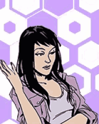a woman in a purple jacket is standing in front of a purple and white hexagon background .