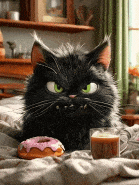 an angry black cat is laying on a bed next to a cup of coffee and a donut