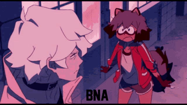 a cartoon of a man and a raccoon with the word bna on the bottom right
