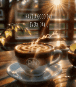 a cup of coffee on a saucer with the words have a good day every day