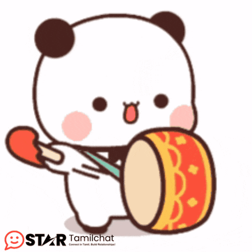 a cartoon of a panda holding a drum and a stick