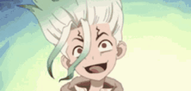 a cartoon character with white hair and red eyes is making a face .