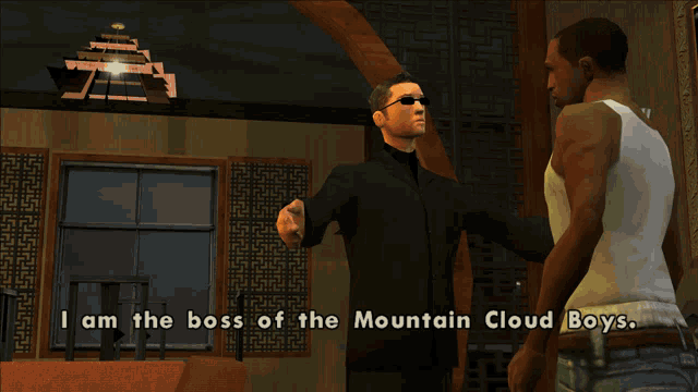 two men in a video game are talking and one of them says i am the boss of the mountain cloud boys