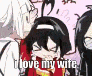 a group of anime characters are standing next to each other and one of them is holding her hand to her face .