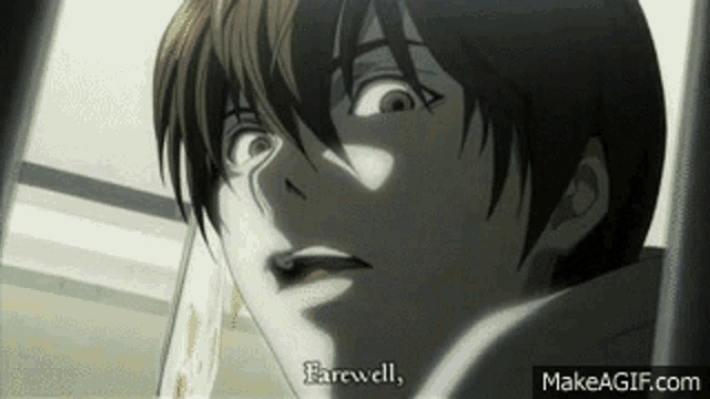 a close up of a person 's face with the words `` farewell '' written on the bottom .