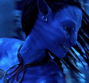 a close up of a person 's face with a blue background