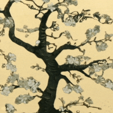 a painting of a tree with white flowers on a yellow background