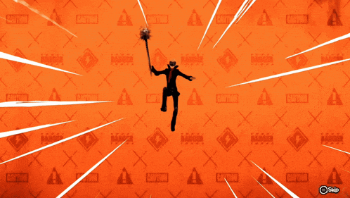 a video game character with a skull mask is making a stop gesture