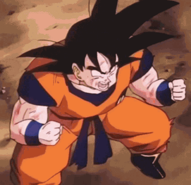 a cartoon character with a fist in the air is goku from dragon ball z