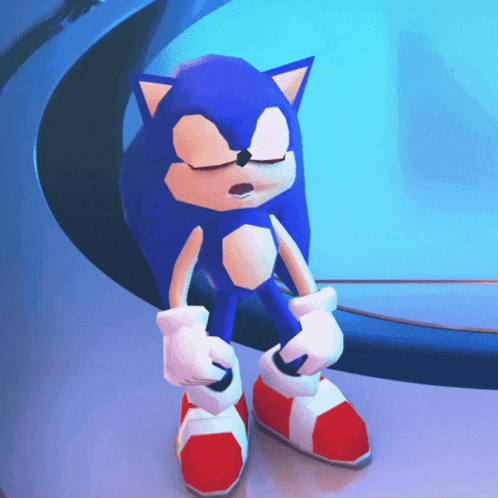 a sonic the hedgehog with his eyes closed is standing in front of a window
