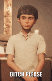 a boy in a white shirt with the words bitch please below him