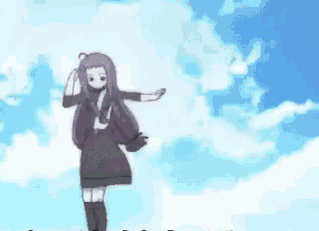 a girl with purple hair is dancing in front of a blue sky with clouds .