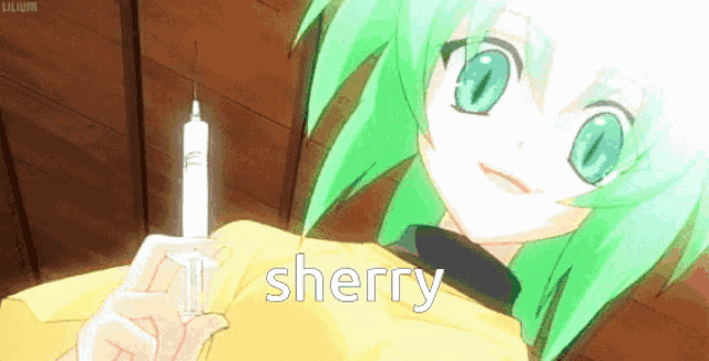 a girl with green hair is holding a syringe and the word sherry is on the bottom right