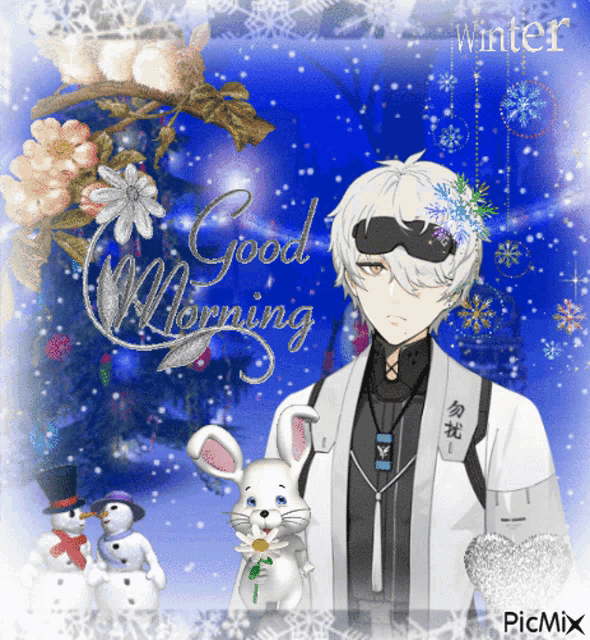 a picture of a man with a rabbit and snowmen says good morning winter