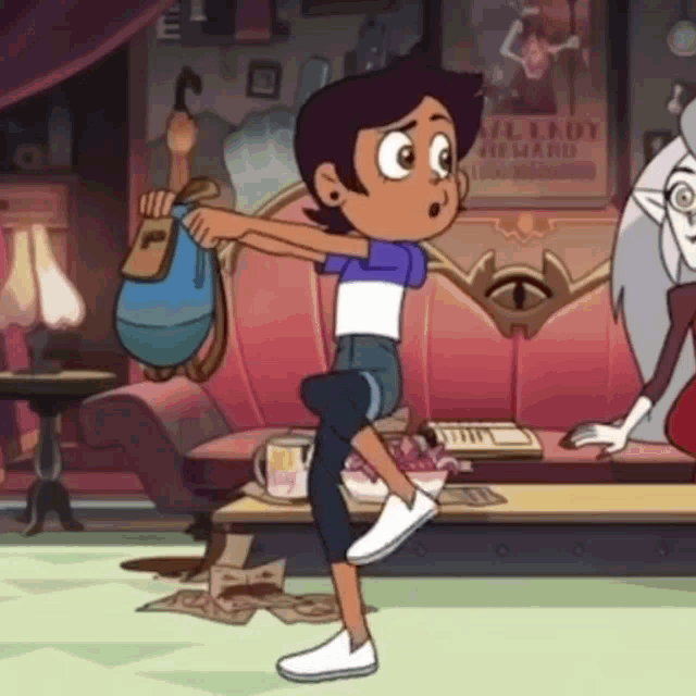 luz from the owl house is standing in a living room holding a blue backpack .