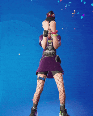a girl in a purple dress is standing in front of a blue sky with confetti flying around her