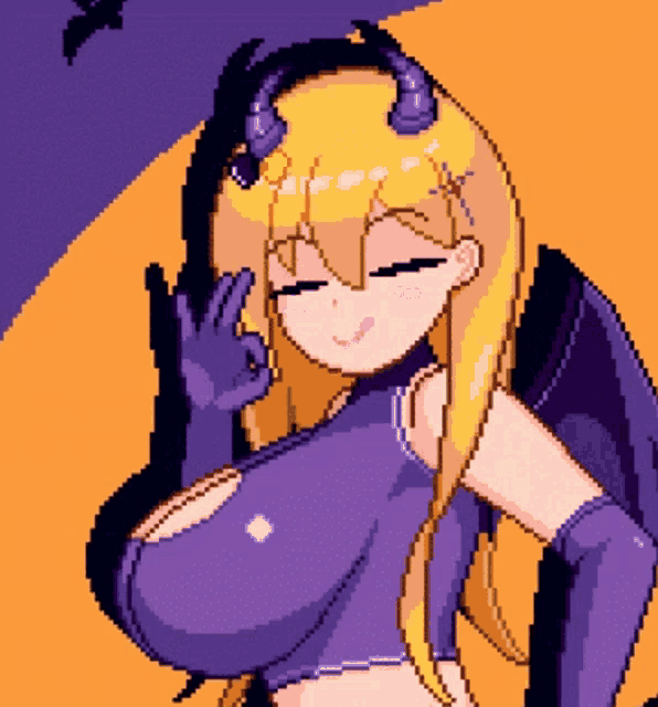 a pixel art drawing of a girl with horns giving a peace sign