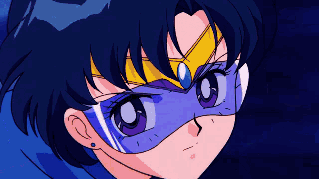 a close up of a cartoon character wearing a blue mask