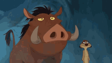 a cartoon warthog and meerkat are standing next to each other .