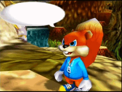 a cartoon squirrel with a speech bubble behind him
