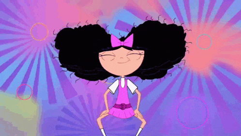 a cartoon girl with curly hair and a pink bow