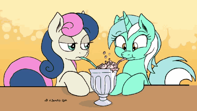 a drawing of two ponies drinking from a milkshake with the year 2014 at the bottom