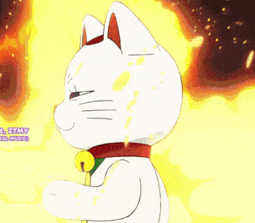 a cartoon of a white cat with chinese writing on its collar