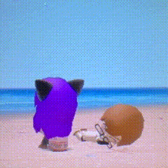 a purple cat is standing next to a brown cat on a beach