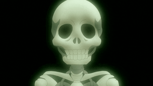 a cartoon skeleton is glowing in the dark and looking at the camera