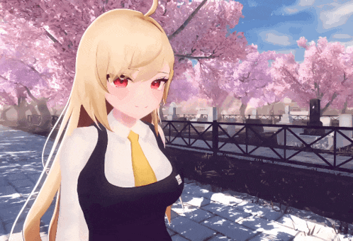 a girl with blonde hair and red eyes is standing in front of a fence with cherry blossoms in the background
