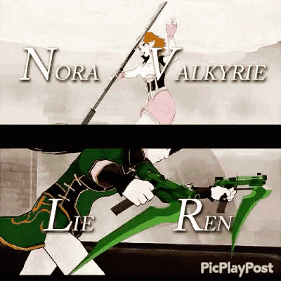 a cartoon of a woman holding a sword and a gun with the names nora valkyrie and lie ren on the bottom