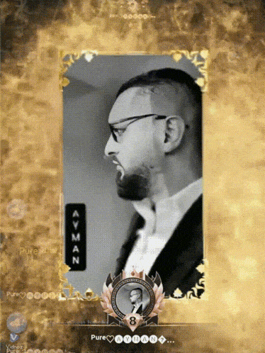 a black and white photo of a man in a tuxedo with the words ayman on the bottom