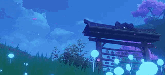 a purple balloon is flying in the sky above a wooden gate in a video game .