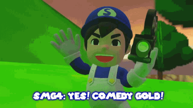 a cartoon character is holding a camera and says smg4 yes ! comedy gold !