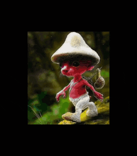 a red and white cartoon character with a mushroom hat and a snail on his back