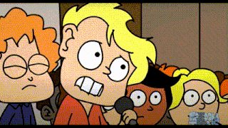 a cartoon of a boy holding a microphone with the word epda on the bottom left